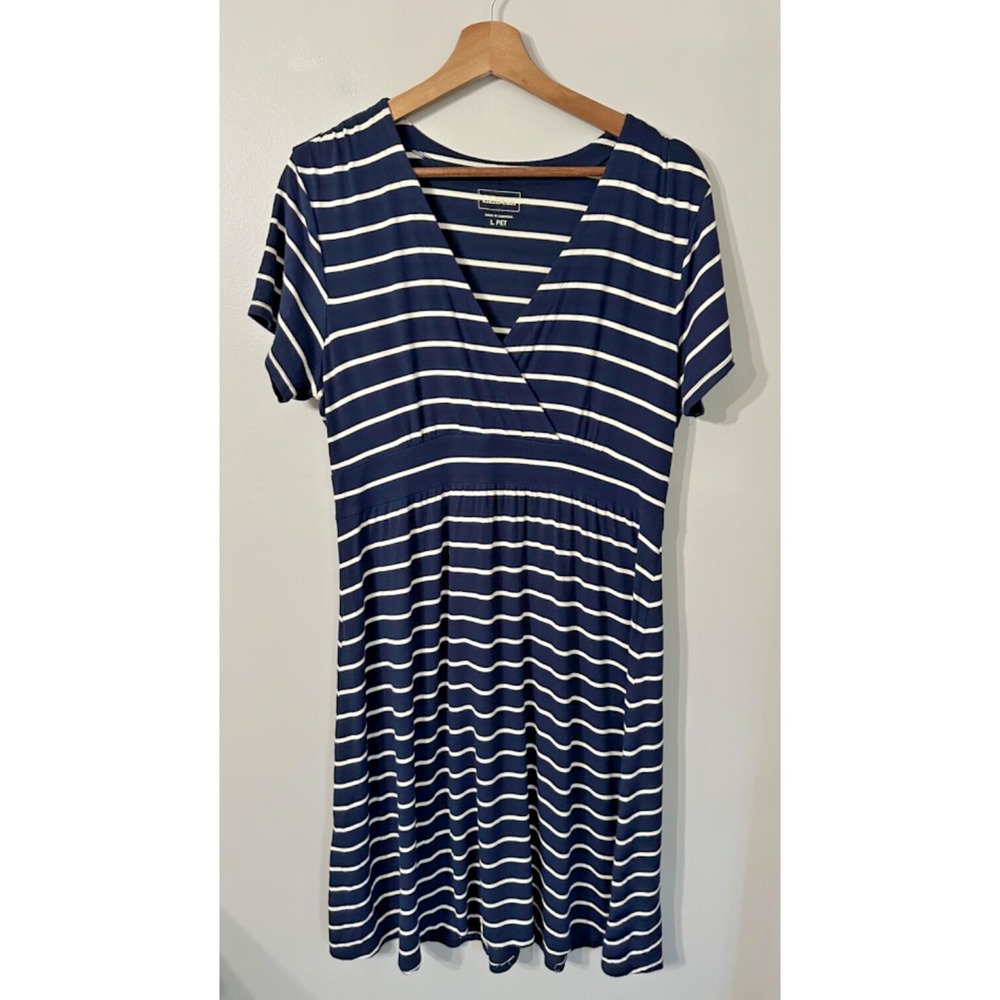 L.L. Bean | Nautical Navy White Striped Short Sleeve Cotton Shirt‎ Dress Lrg Pet